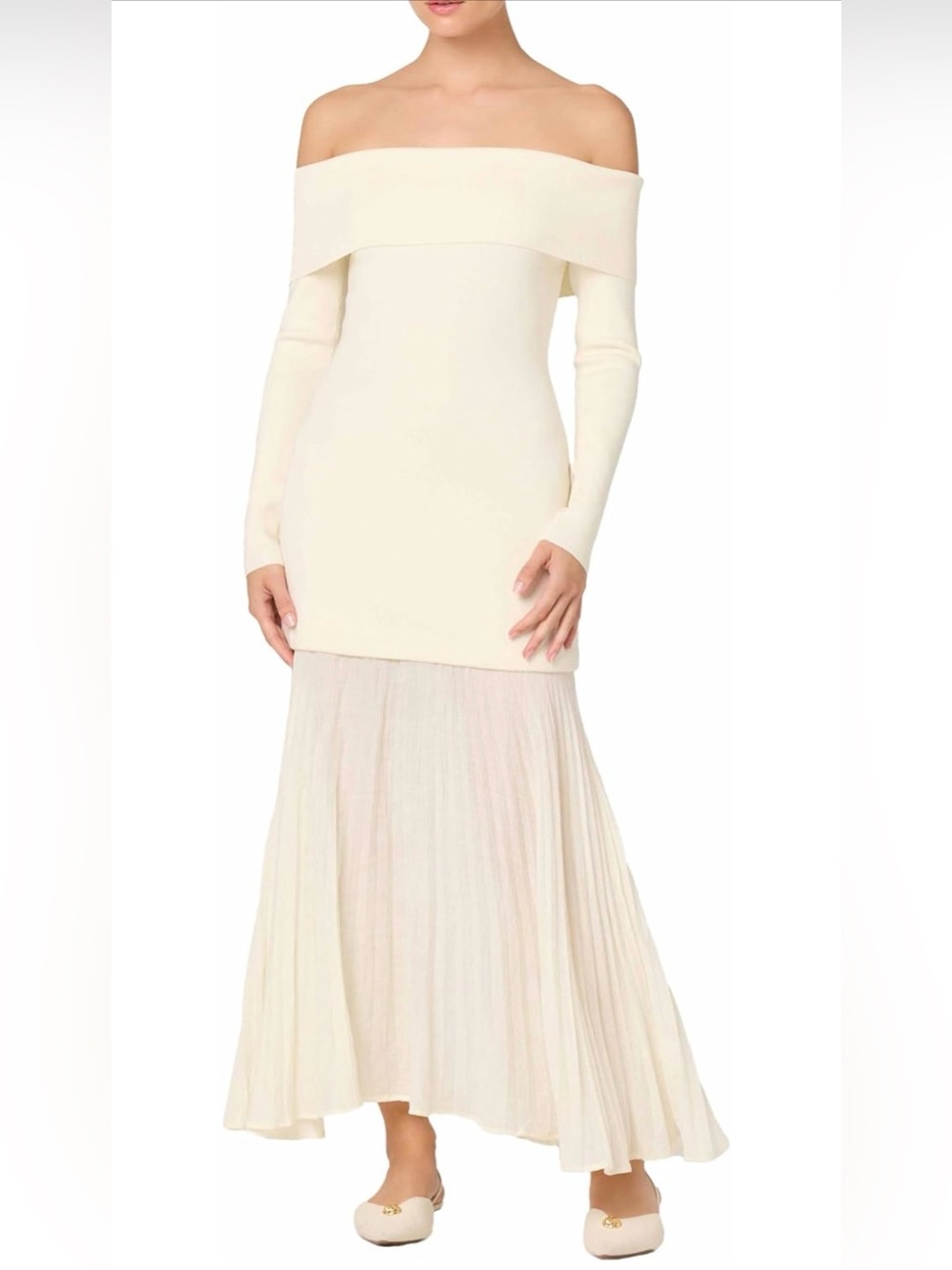 Astr Cream Off-Shoulder Long Sleeve Maxi Dress with Pleated Skirt